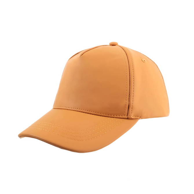 A PU leather baseball cap in a warm tan colour with a curved brim and a logo on the side.