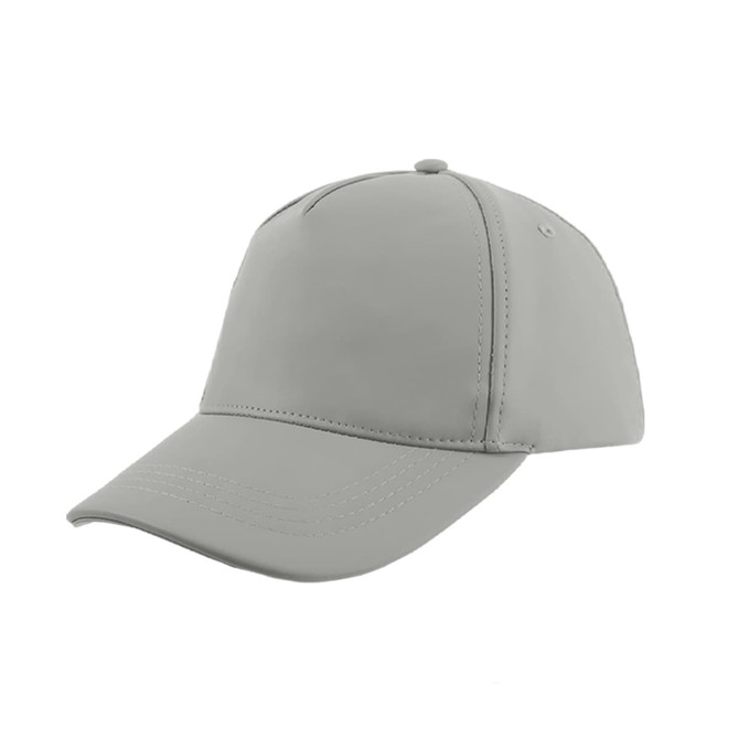 A grey PU leather baseball cap with a curved brim and stitched detailing, featuring a logo on the front.