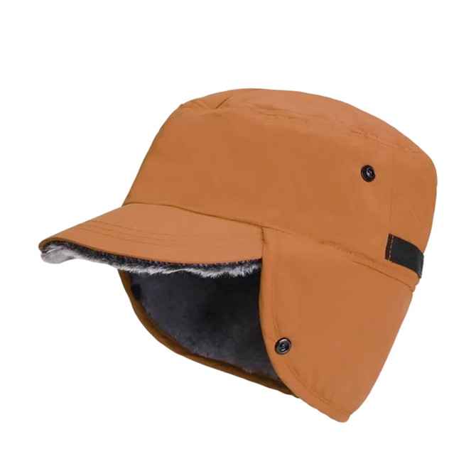 A thickened earflap hat in orange with a grey fur lining and buttons on the sides. It features a wide brim.