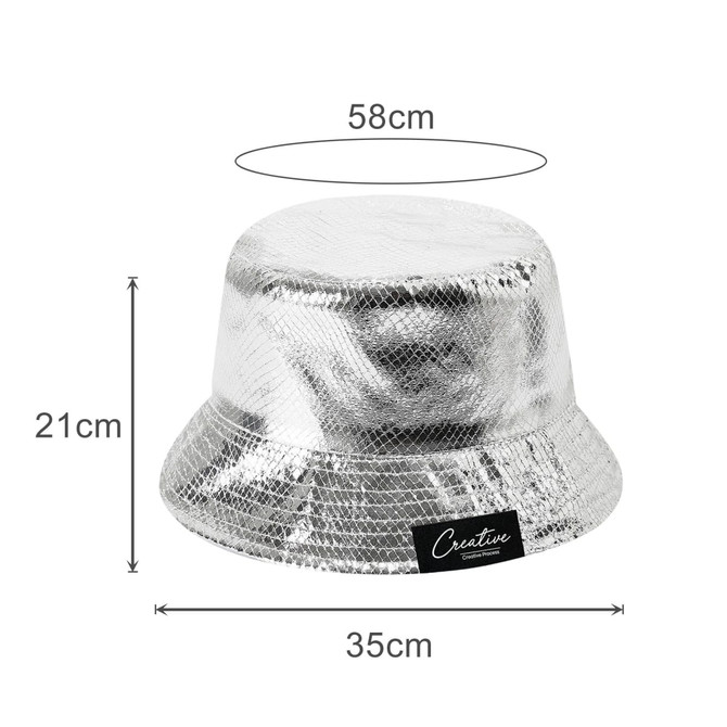 A silver laser glitter bucket hat with a round shape and measurements of 58cm in diameter and 21cm in height.
