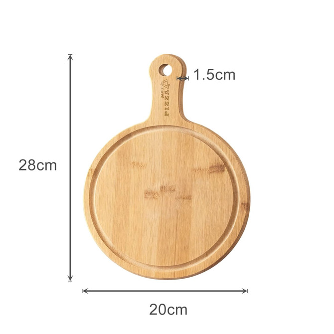 A bamboo wood pizza tray with a circular design, featuring a handle and measuring 28cm by 20cm.