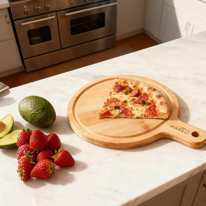 A bamboo wood pizza tray with a slice of pizza, surrounded by strawberries, avocados, and a clean kitchen backdrop.