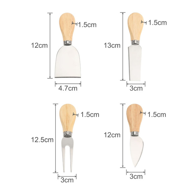 A bamboo cheese board knife set with four stainless steel knives, featuring wooden handles in a natural finish.