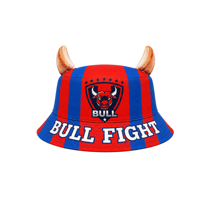 A red and blue bucket hat featuring animal ears, with a logo on the front and the words "BULL FIGHT."