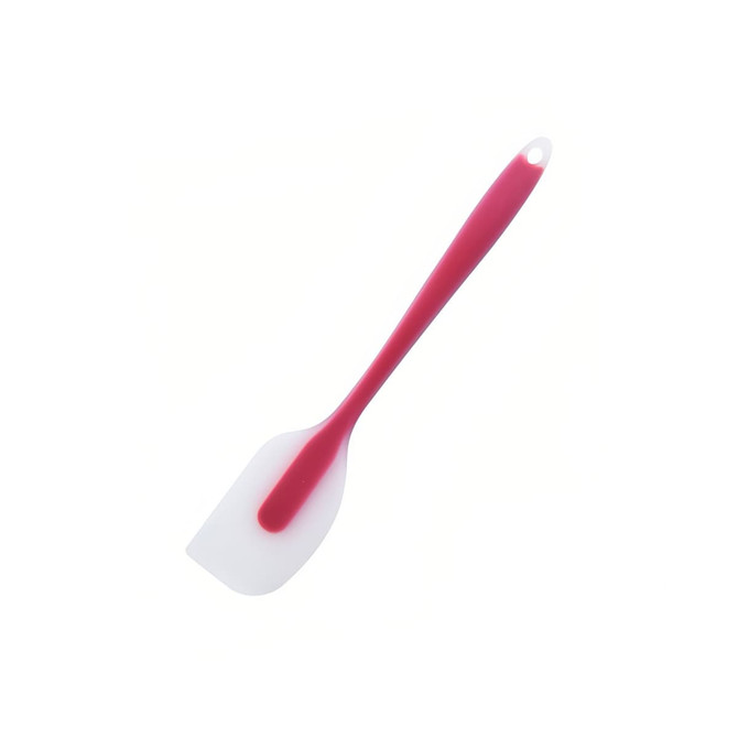 A silicone spatula with a red handle and a white spatula head, featuring a hole for hanging.