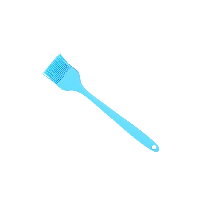A pastry brush in bright blue silicone with a long handle and bristle head. It features a logo on the handle.