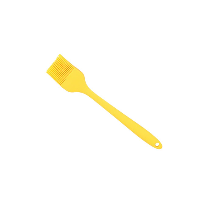 A yellow silicone pastry brush with a long handle and flexible bristles, suitable for baking.