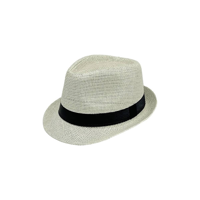 A straw hat in white with a black band, featuring a stylish fedora design and a textured weave.