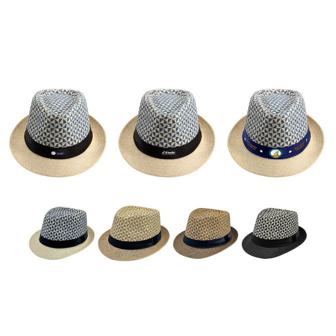 A collection of straw woven top hats in various colours and patterns, featuring different bands and styles.