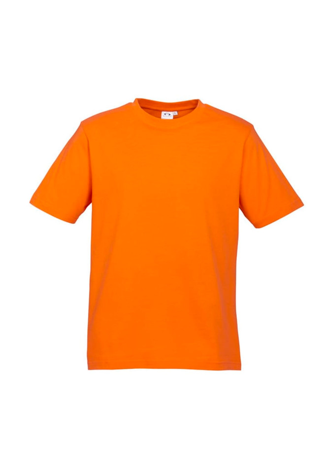 An orange short sleeve t-shirt featuring a round neckline and plain design. It has a branding logo.