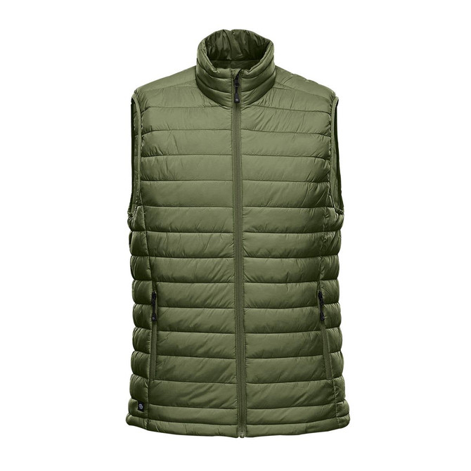 A green thermal vest with a high collar, featuring a zip front and a sleek, quilted design.