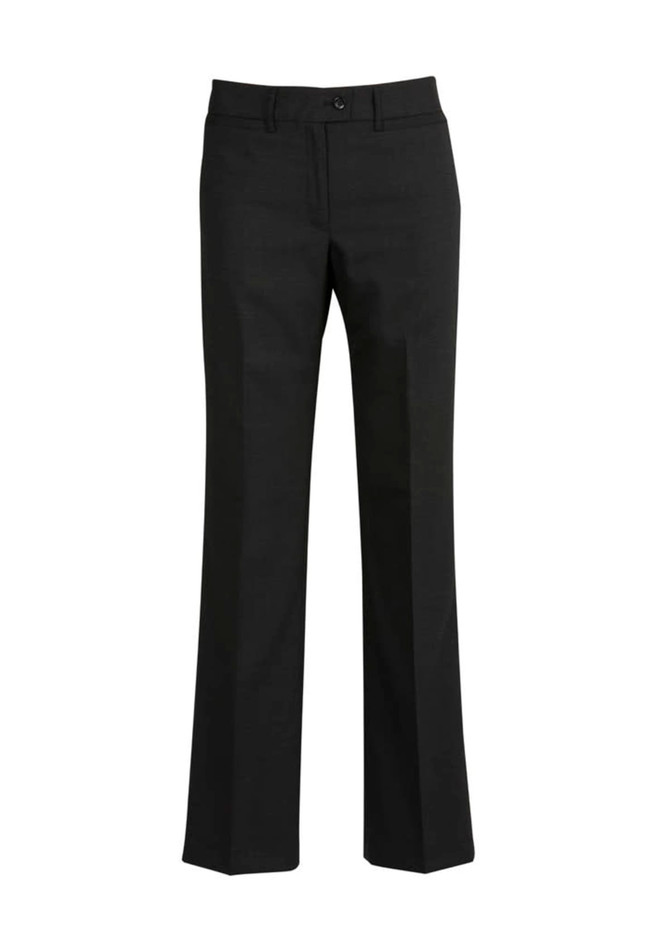 A pair of black women's relaxed stretch wool pants, featuring a straight leg design. There is a logo on the waistband.