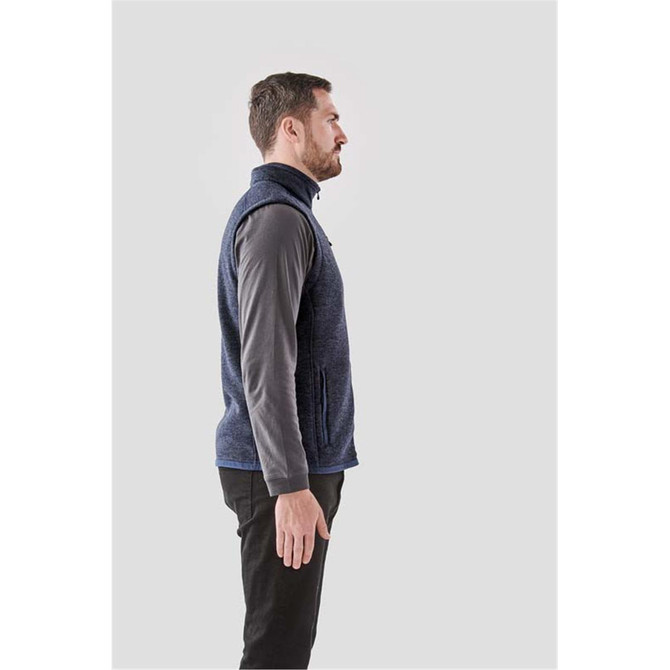 A men's full zip fleece vest in navy, featuring a side view with a high collar and a logo.