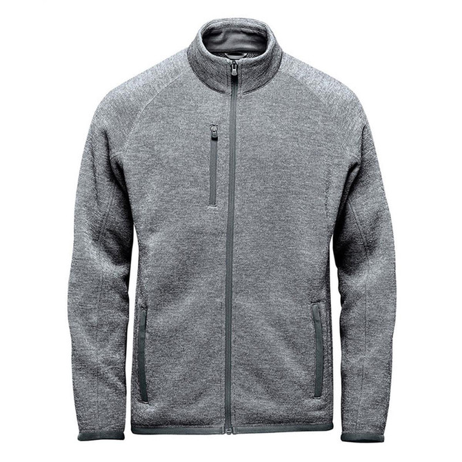 A men's full zip fleece jacket in grey with two side pockets and a chest pocket. Includes branding on the garment.