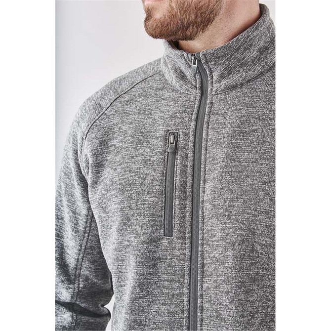 Men's Avalante full zip fleece jacket in grey, featuring a zippered chest pocket and a high collar.