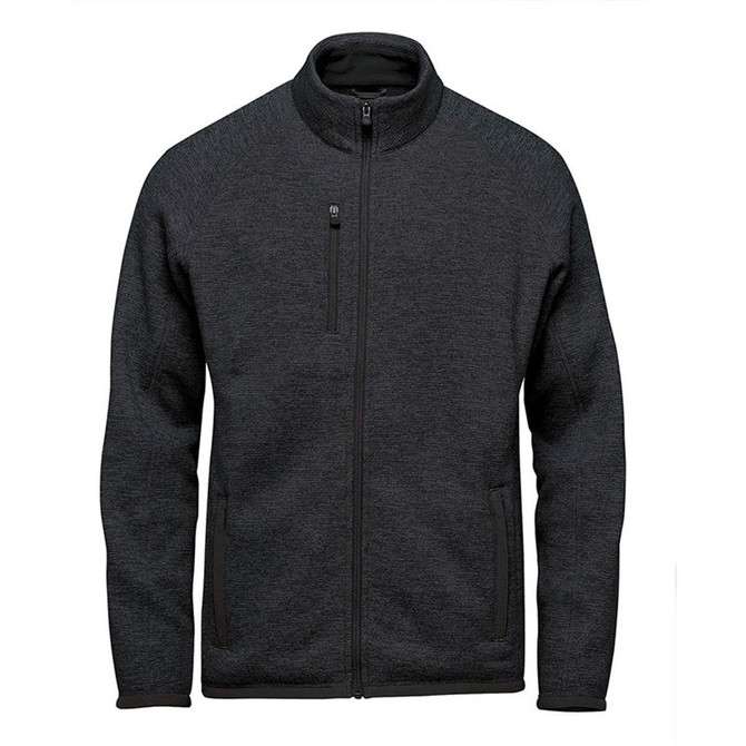 A men's full zip fleece jacket in dark grey, featuring zippered pockets and a logo on the chest.