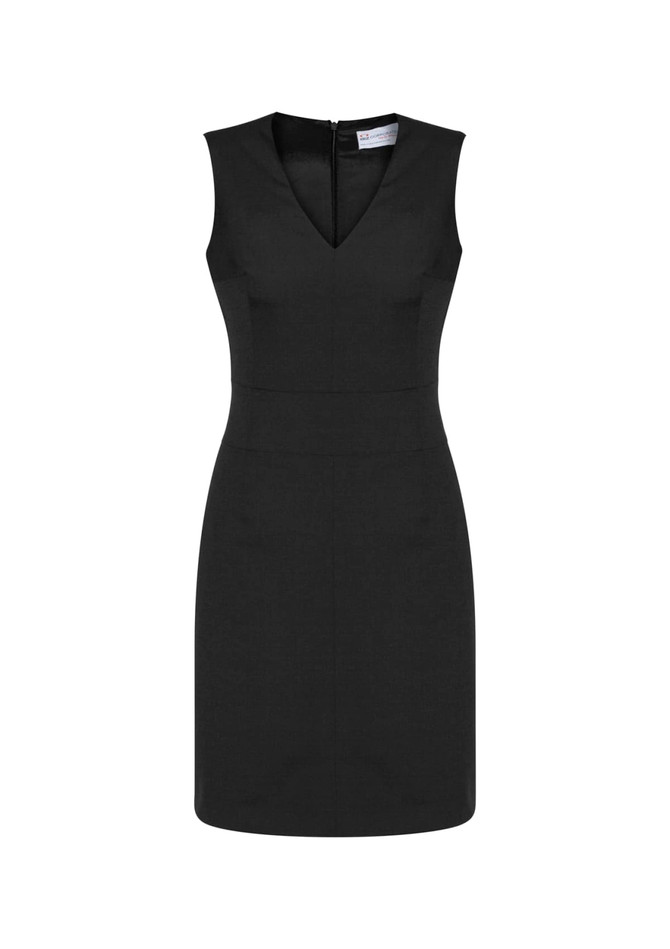 A black sleeveless V-neck dress with a fitted silhouette and zipper closure at the back. Features a brand logo.