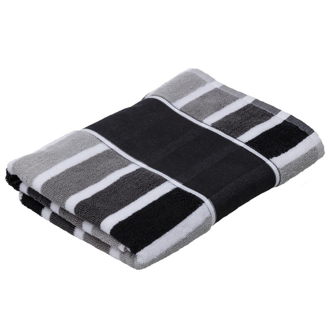 A folded black and grey striped towel featuring a branding logo.