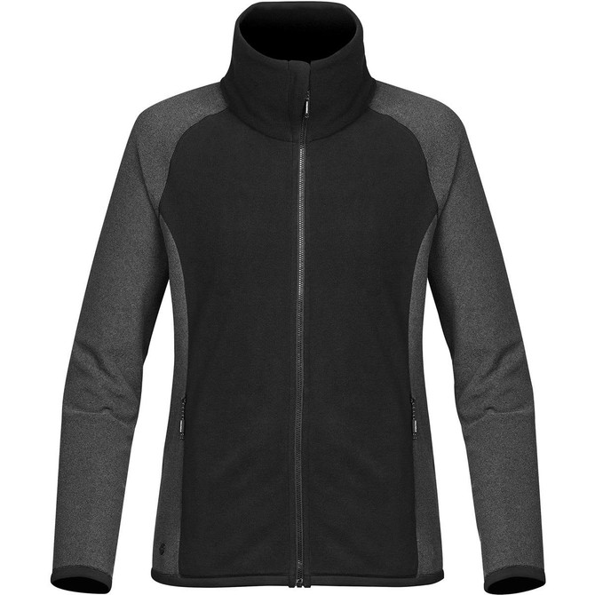 A women's black and grey microfleece jumper with a zip front and high collar, featuring a logo on the side.