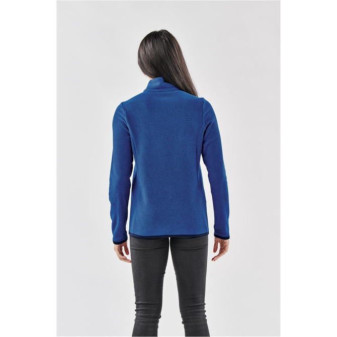 A blue women's full zip jacket viewed from the back, with a fitted design and long sleeves.