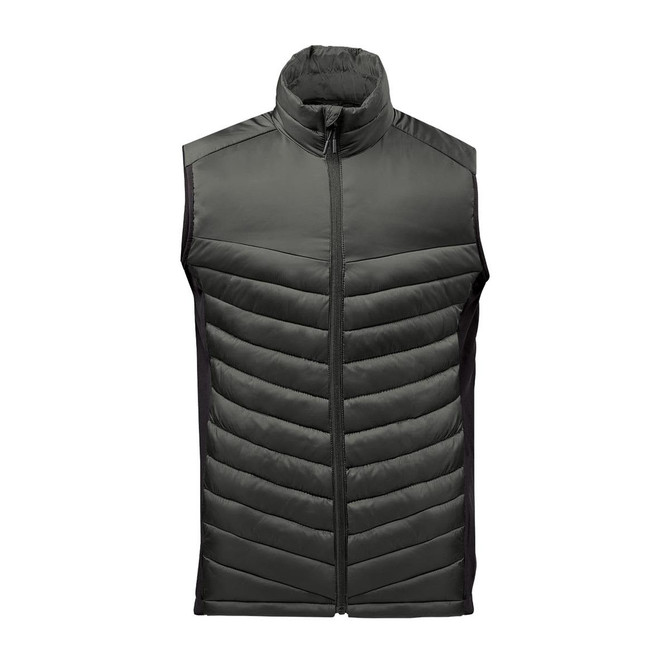 A men's thermal vest in dark green with a padded design and a zip-up front. The vest features a logo.