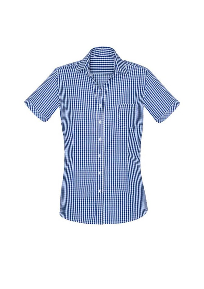 A short sleeve women's button-up shirt in a blue and white gingham pattern, featuring a chest pocket and a logo.