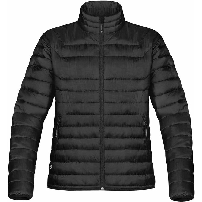 A black women's jacket with a full zip and horizontal quilted design, featuring two side pockets and a collar.