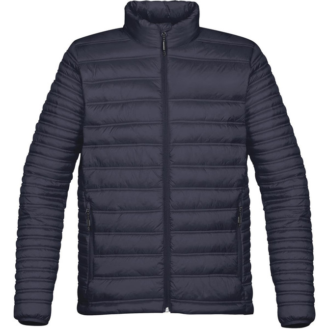 A men's thermal jacket in dark navy, featuring a zip front and a subtle logo. The jacket has a quilted design.