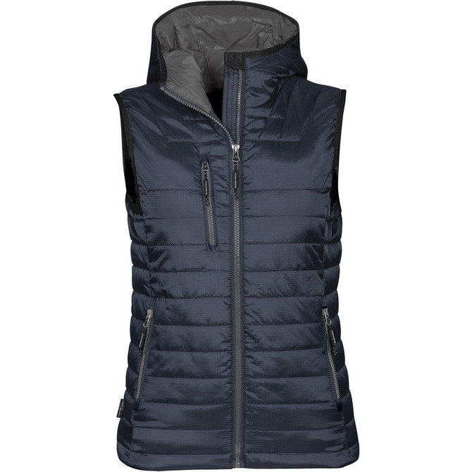 A navy women's thermal vest with a zip front, hood, and multiple zippered pockets. It features a logo on the side.