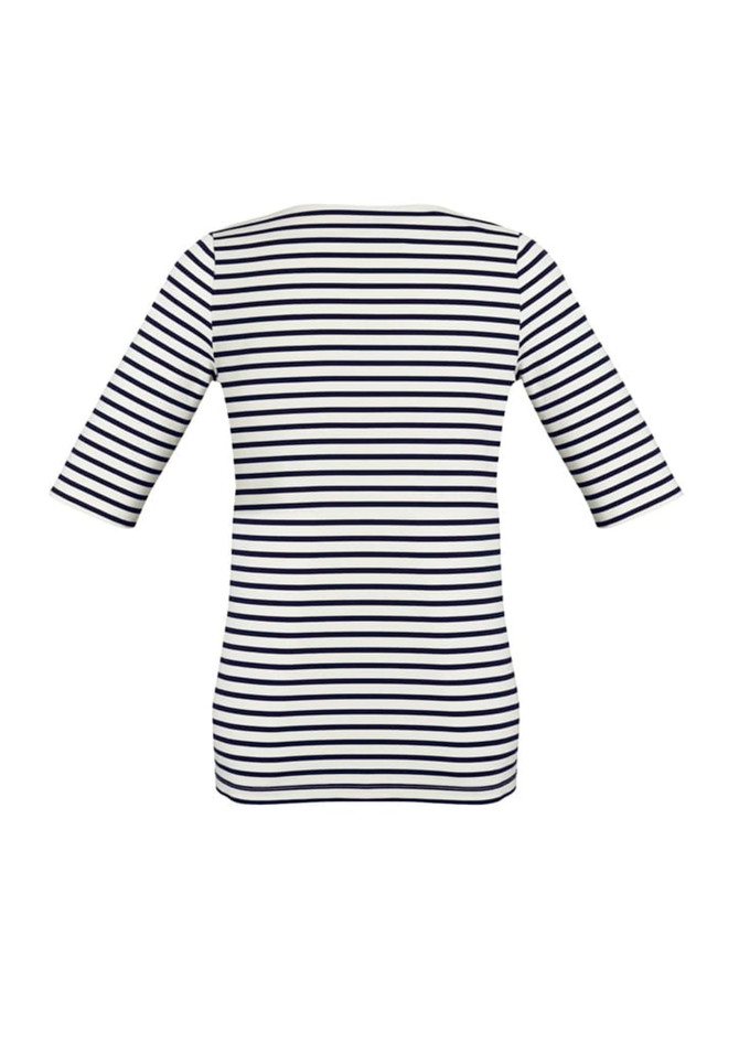 A women's short sleeve T-top in navy and white stripes, featuring a fitted design and a logo.
