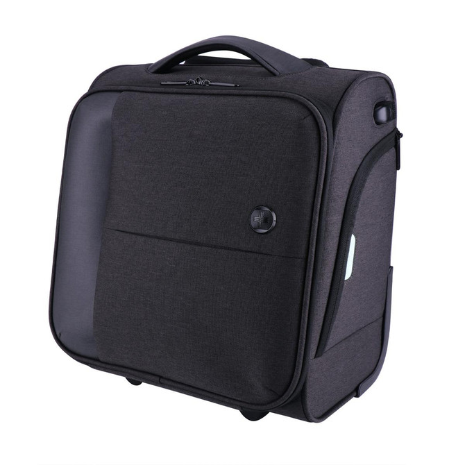 A wheeled underseat luggage in dark grey fabric with a handle and wheels, featuring a branded logo.