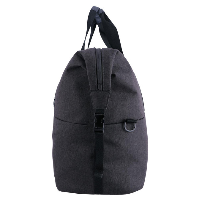 A grey duffle bag with a rounded top, featuring handles and a strap, includes a logo on the front.