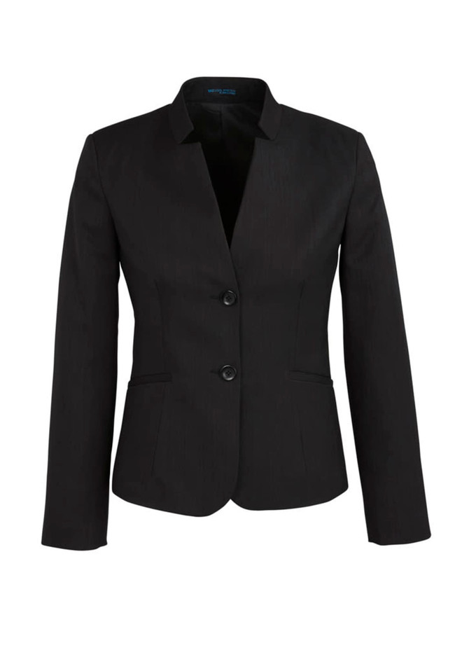 A black women's short jacket with a reverse lapel and two buttons, featuring long sleeves and a fitted design.