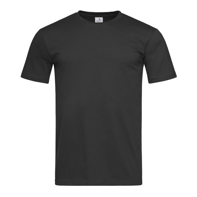 A black fitted t-shirt with short sleeves, featuring a logo on the label. Perfect for casual wear.