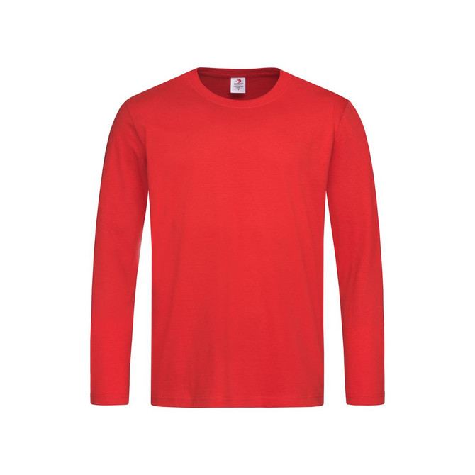 A red long sleeve T-shirt with a crew neckline and a tag inside. Features a logo on the upper inner neck.