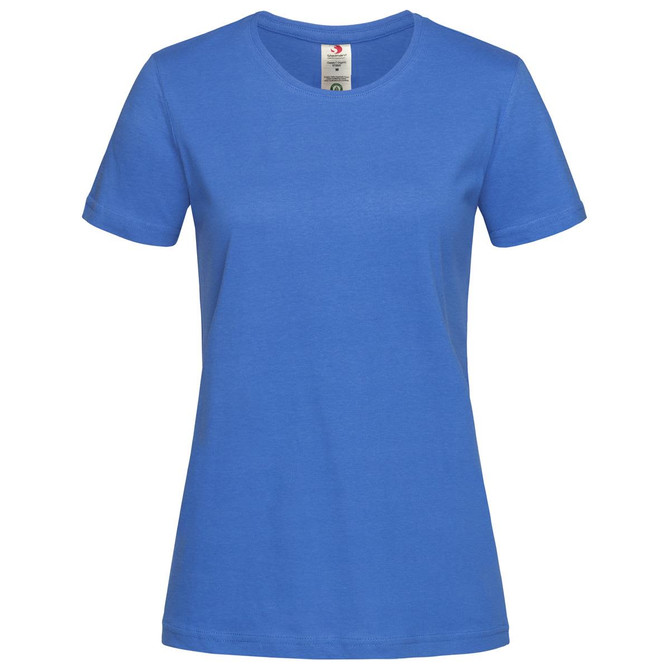 A women's classic organic crew neck t-shirt in blue, featuring a fitted design and short sleeves.