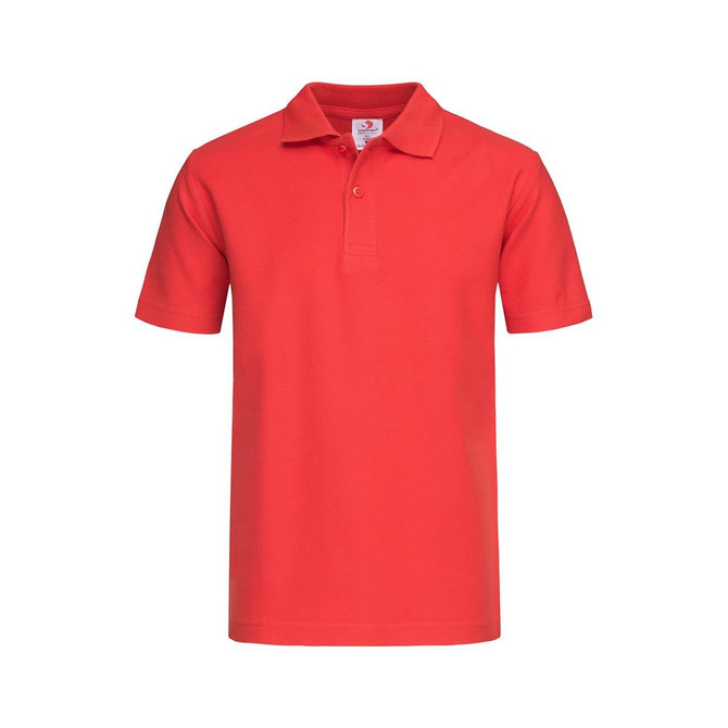 A red polo shirt with a classic collar and short sleeves, featuring a small logo.