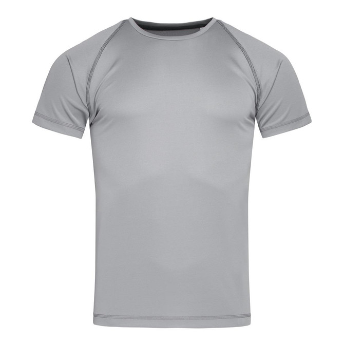A short-sleeved, light grey active T-shirt with raglan sleeves and a logo.