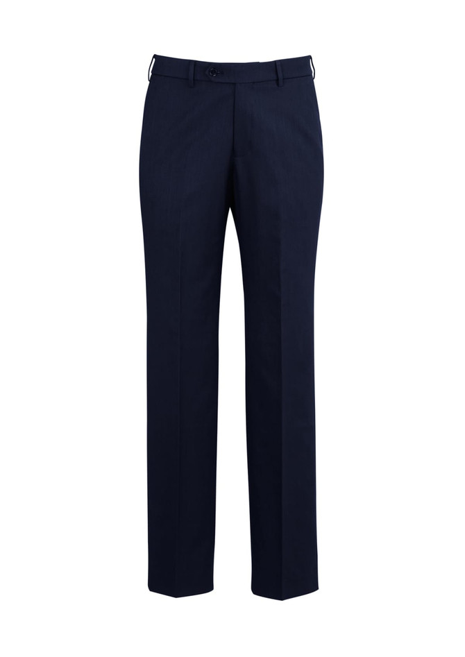 Navy blue men's slacks with an adjustable waist and a straight leg design, featuring a logo.