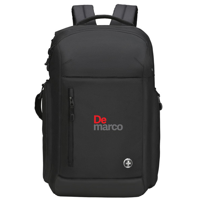 A black backpack with multiple compartments and padded shoulder straps, featuring a logo on the front.