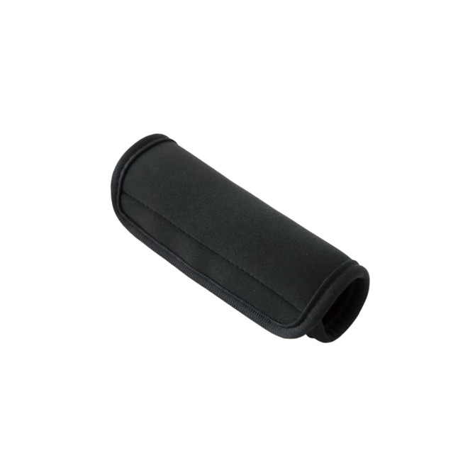 A black neoprene luggage grip with rounded edges and stitching detail. It features a branding logo.