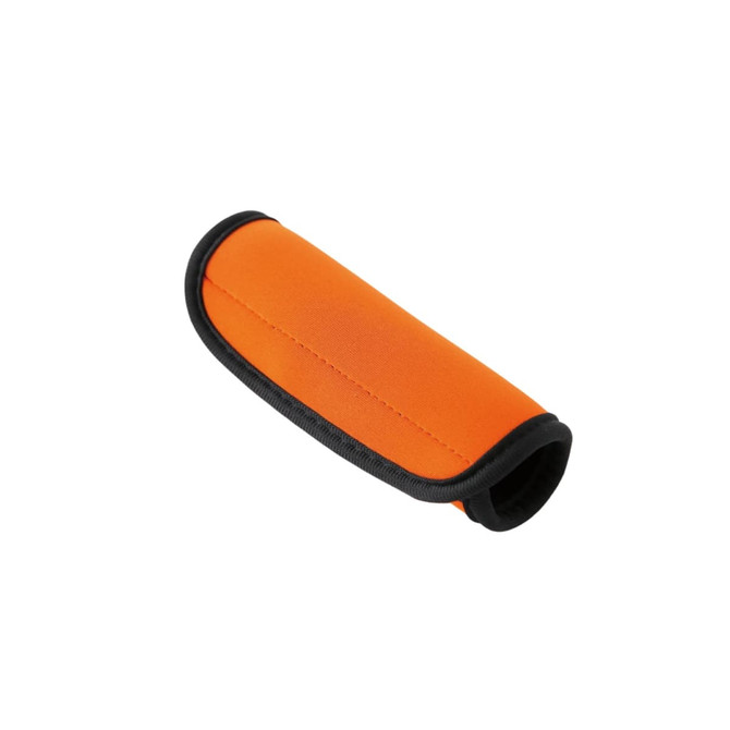 An orange neoprene luggage grip with a black trim, featuring a sleek, padded design.