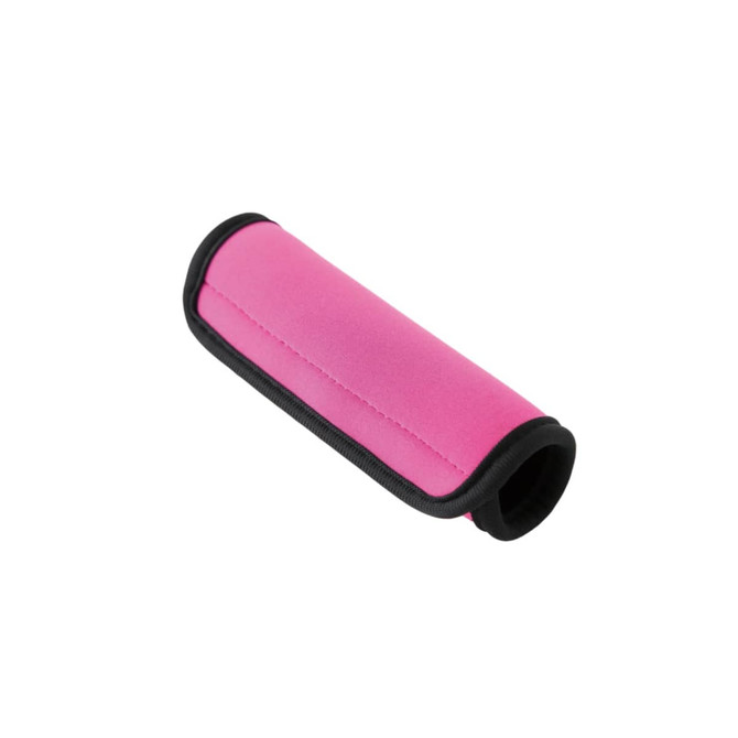 A pink neoprene luggage grip with black trim, featuring a smooth, padded design. It has a logo on one side.
