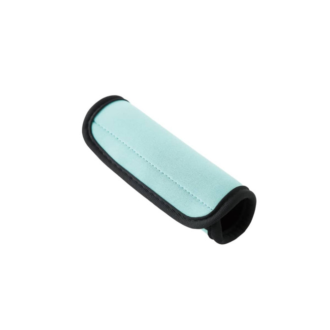 A mint green neoprene luggage grip with black trim and a distinctive logo.