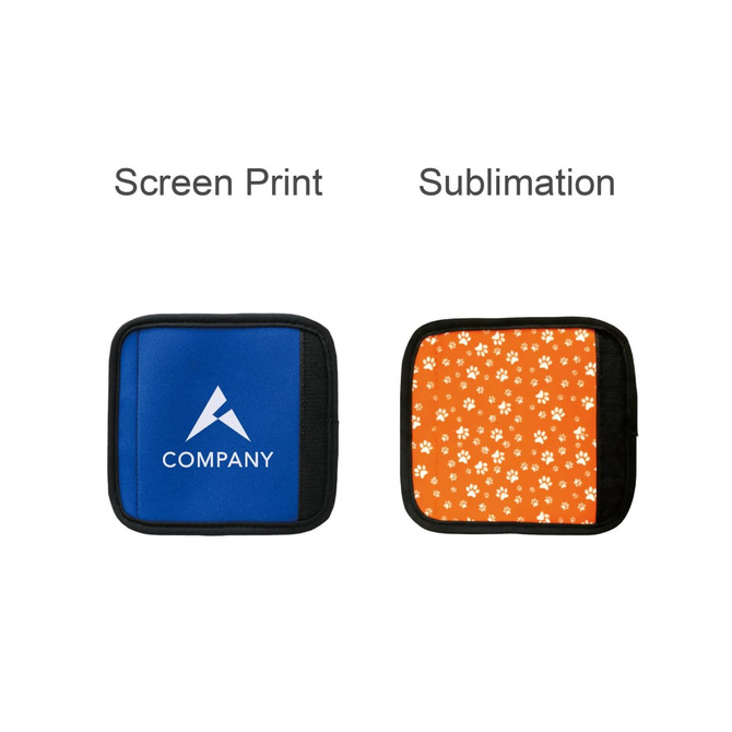 A neoprene luggage grip in blue with a logo on one side and orange with a paw print pattern on the other.