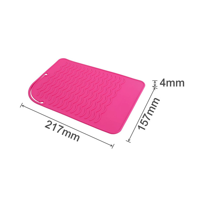 A pink silicone hair straightener pad with a textured surface, measuring 217mm by 157mm and 4mm thick.