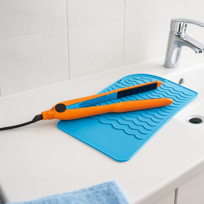 A silicone hair straightener pad in blue with an orange hair straightener resting on it, placed on a sink.