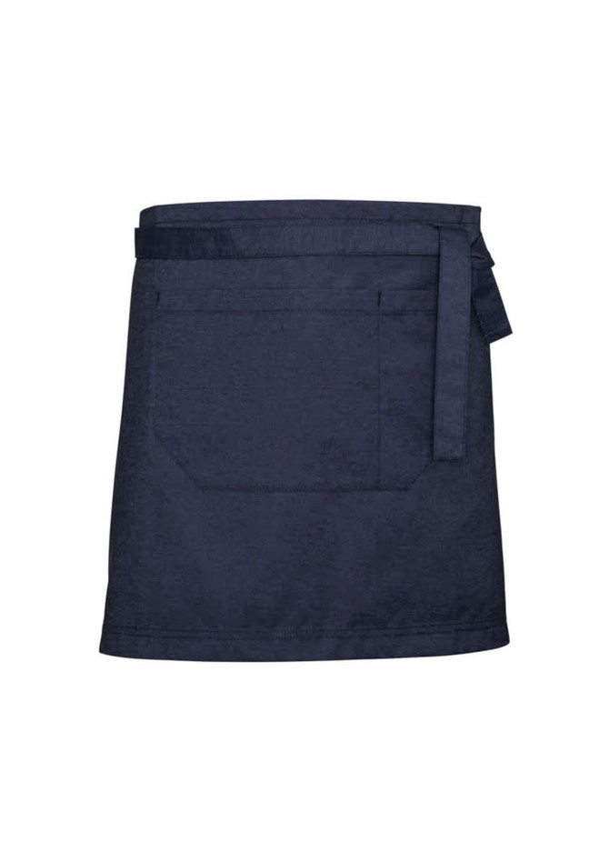 A navy blue waist apron featuring a large pocket and a waist tie, with a branding logo.