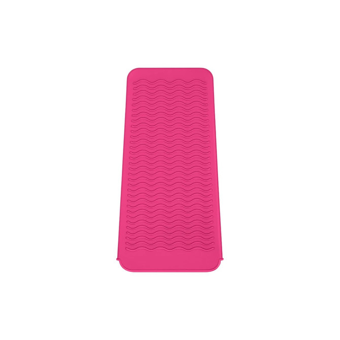 A pink heat-resistant silicone mat pouch with a textured wave pattern. It features a branding logo.