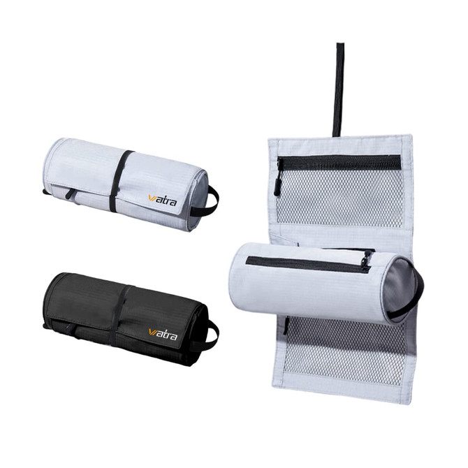 A grey and black multifunctional toiletry travel bag, featuring zippered compartments and a hanging loop, with branding.